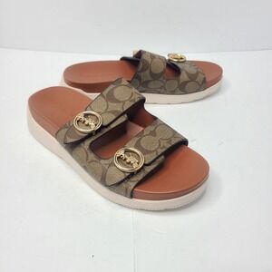 Coach Women's Signature Gable Coated Canvas Sandal Khaki/Saddle Size US 9B